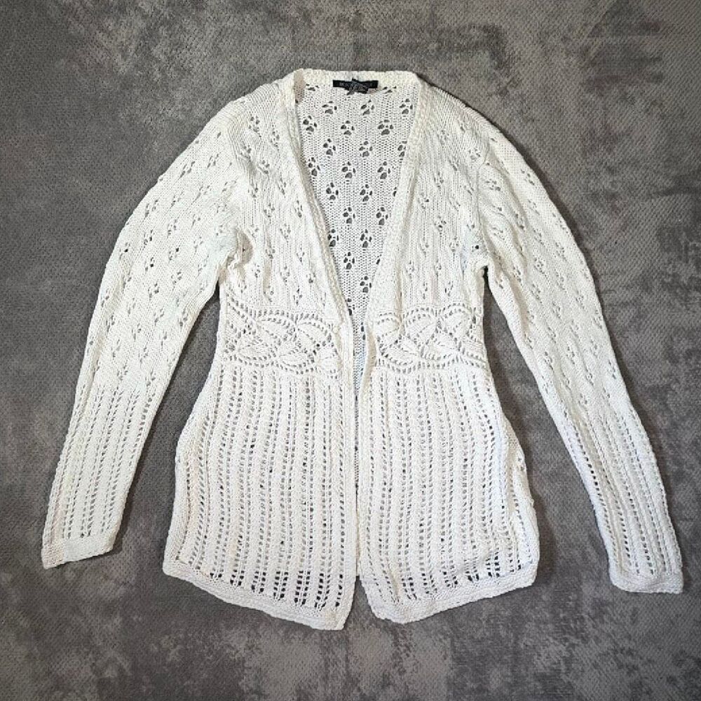 Boston Proper White Pointelle Crochet Knit Cardigan 100% Cotton Boho Open Front